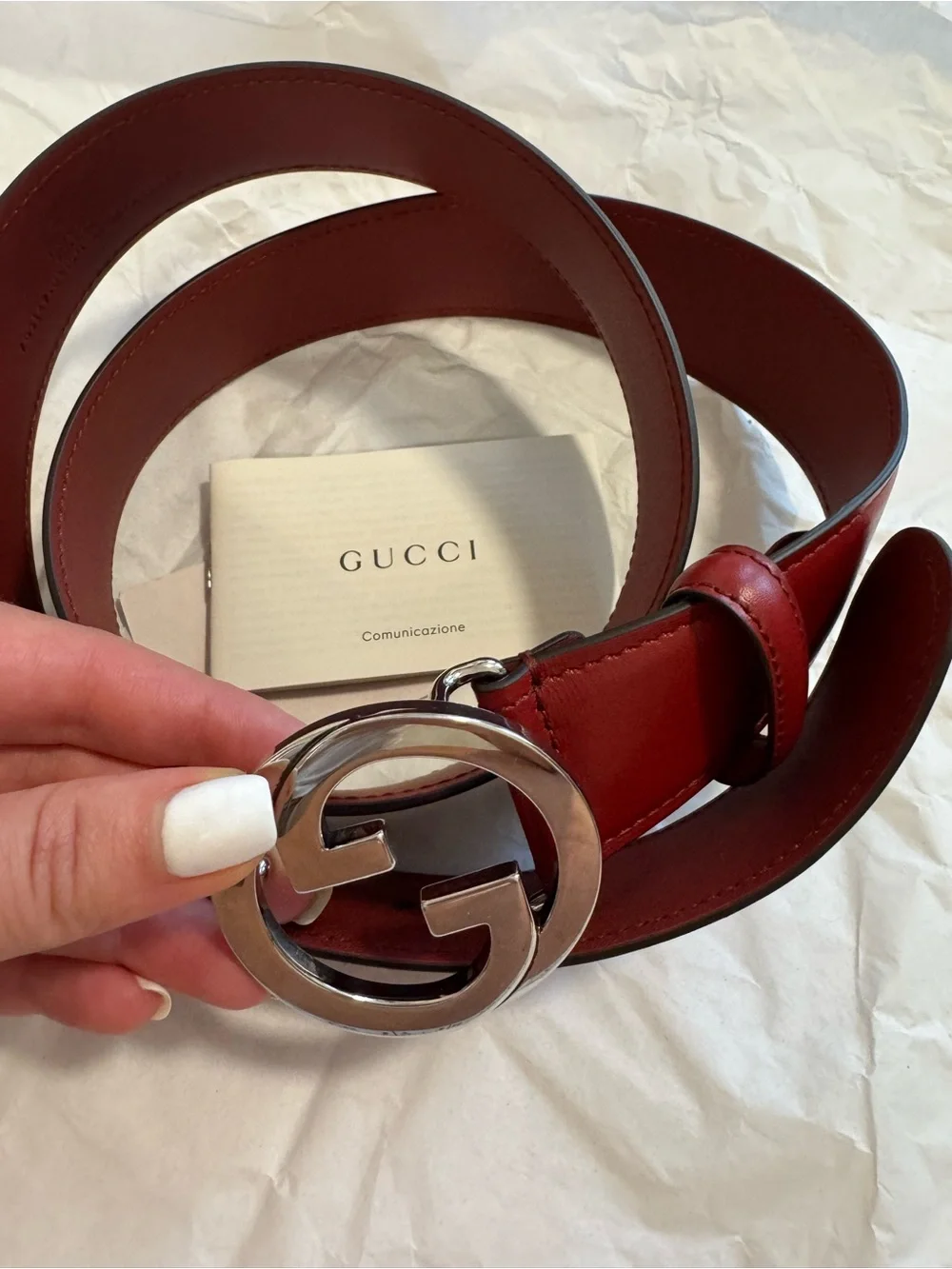Gucci Red Leather Belt with Silver Double G Buckle